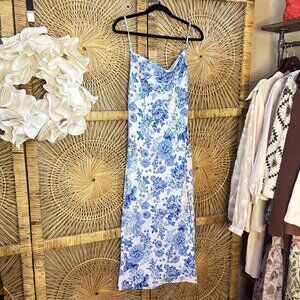 Hello Molly Blue White Floral Slip Midi Dress Size Large US 8